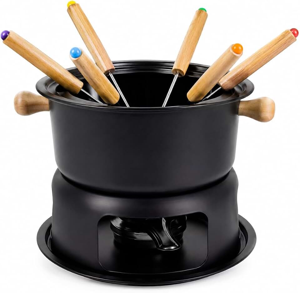 Kit Fondue 11 Peças, Panela Antiaderente com Alças de Madeira, Capacidade 900ml, para Carne, Chocolate e Queijo, até 6 Pessoas
