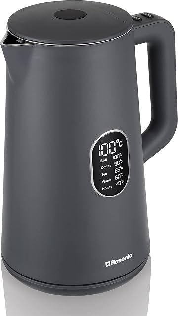 Rasonic Electric Cordless Kettle with Variable Temperature Control (40°C to 100°C), 1.5 Litre, 1800W, with Real-Time Temperature Display, Charcoal Grey