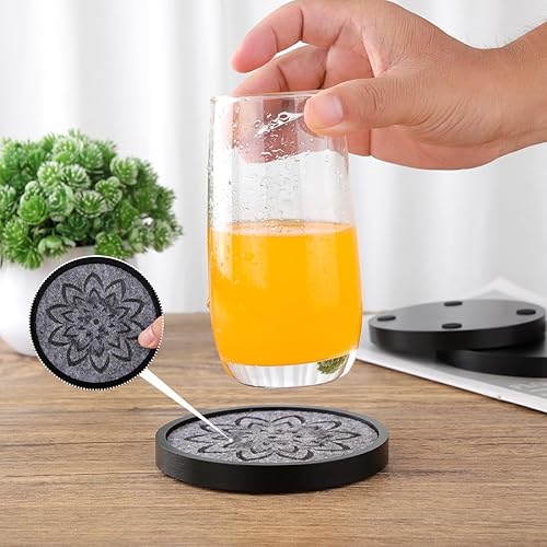 Miniatura 3 de Elegantes posavasos de madera negra con fieltro gris y soporte, juego de 6 posavasos de madera rústica de 4.33 pulgadas para protección de mesa de