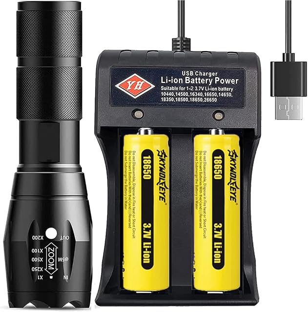 YIYUANIJI Bright Flashlight,Two Rechargeable 18650 Batteries with 2-Slot USB Universal Battery Charger ,Torch Battery Charger Set Ideal As a Gift ,Adjustable,Zoomable, 5 Modes, Water Resistant Light