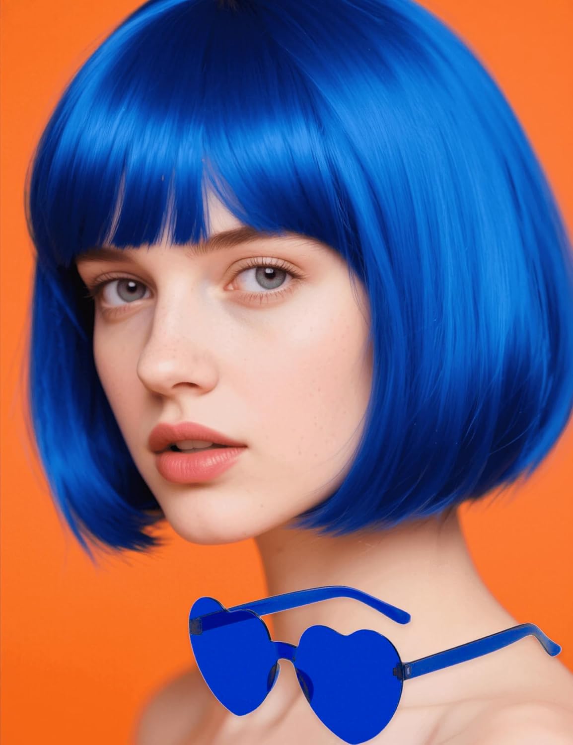 PORSMEER Short Bob Blue Wig and Sunglasses 12 Inch Straight Colorful Hair Wigs with Fringe for Women Unisex for Halloween Costume Cosplay Party Tourism+ Free Wig Cap