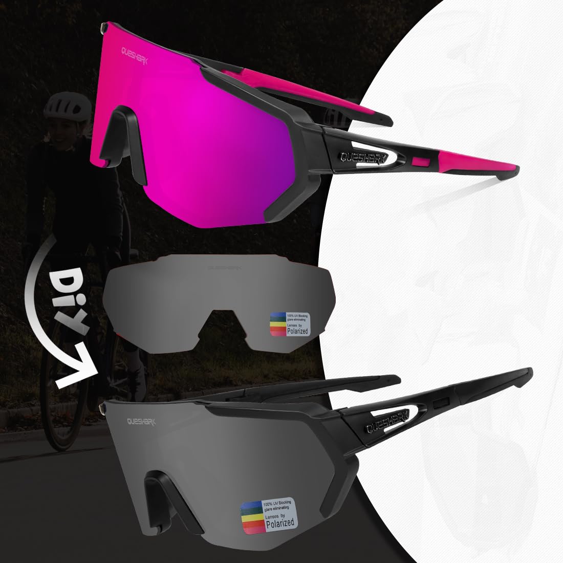 Queshark Polarizzati Anti-UV Occhiali da Ciclismo Bici MTB Intercambiabili per Sport Uomo Donna Guida Pesca Golf Baseball Corsa