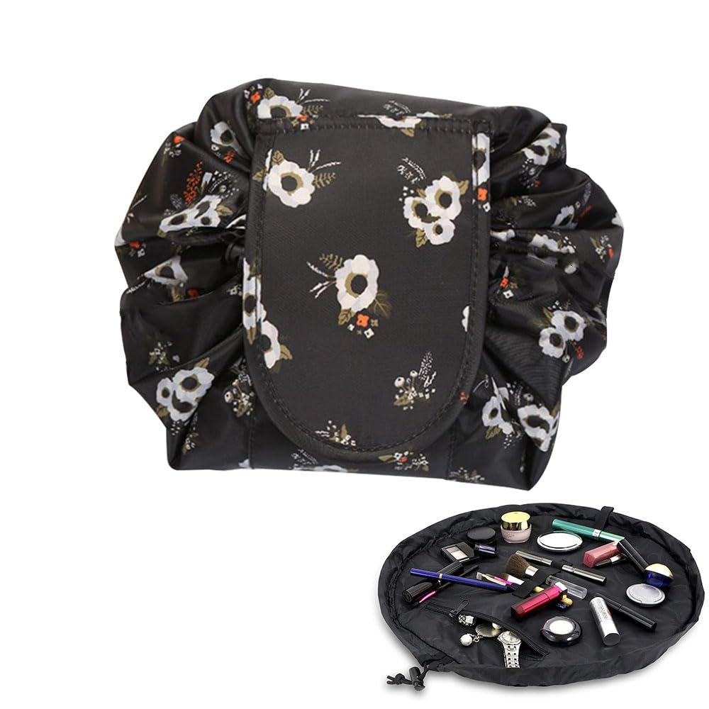 JZSLazy Makeup Toiletry Bag, Drawstring Cosmetic Makeup Bag Organizer Portable Quick Pack Toiletry Bag for Travel, Gifts, and Daily Use(Black)