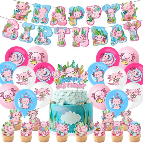 Doyomtoy 31 peças decorações para festas de aniversário com tema de ajolots rosa, incluindo enfeites para bolos com ajolotes rosa e faixas de aniversário