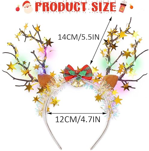 Miniatura 7 de CASDRE Diadema de cornamenta de reno de Navidad, estrella dorada iluminada, aro, campana, accesorios brillantes para el cabello para mujeres y niñas