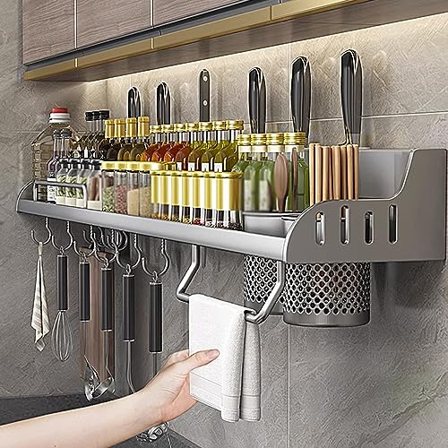 Especiero montado en la pared, ahorra espacio con 6 ganchos, estante colgante de 60 cm para especias para un fácil acceso y una solución de almacenamiento elegante