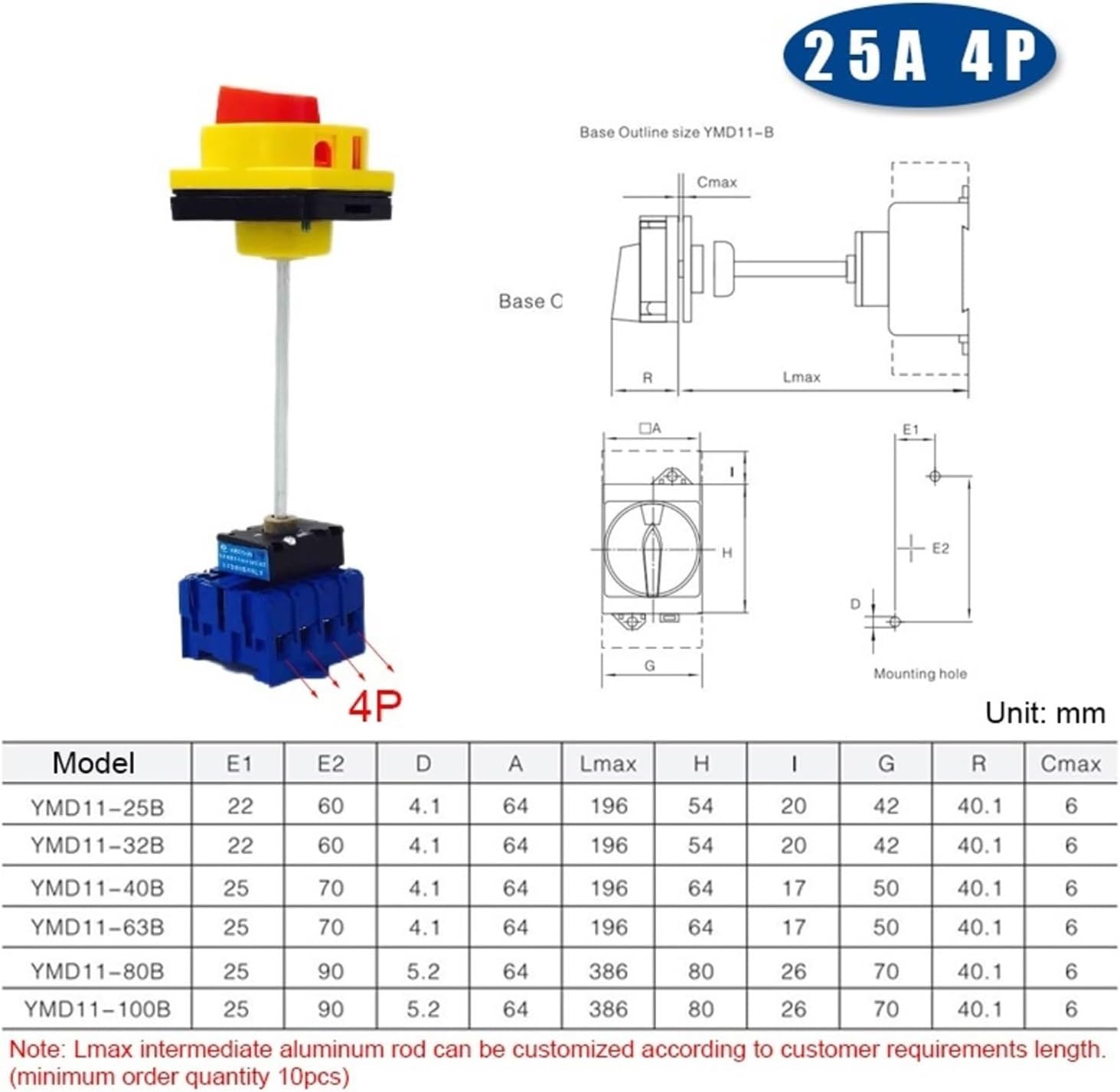 YMD11-B Series with Extension Pole Isolator Switch Pad-Lock Panel DIN Rail Mount 3/4P On-Off Rotary Cam Selector Replace LW30(25A 4P)