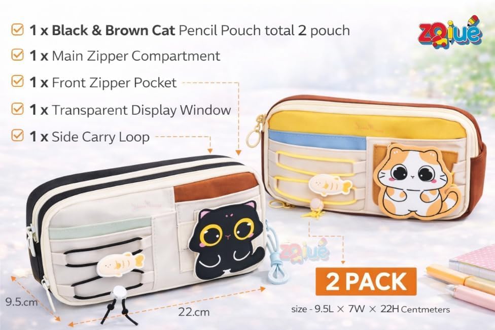 Image of WORSHIPER Pencil Case Set of 2, Birthday Return Gift for Kids, Large Capacity Pencil Pouch with Compartments, Cute Pen Organizer for Girls Boys School Supplies Ages 3-12 (Black & Brown Cat Combo)