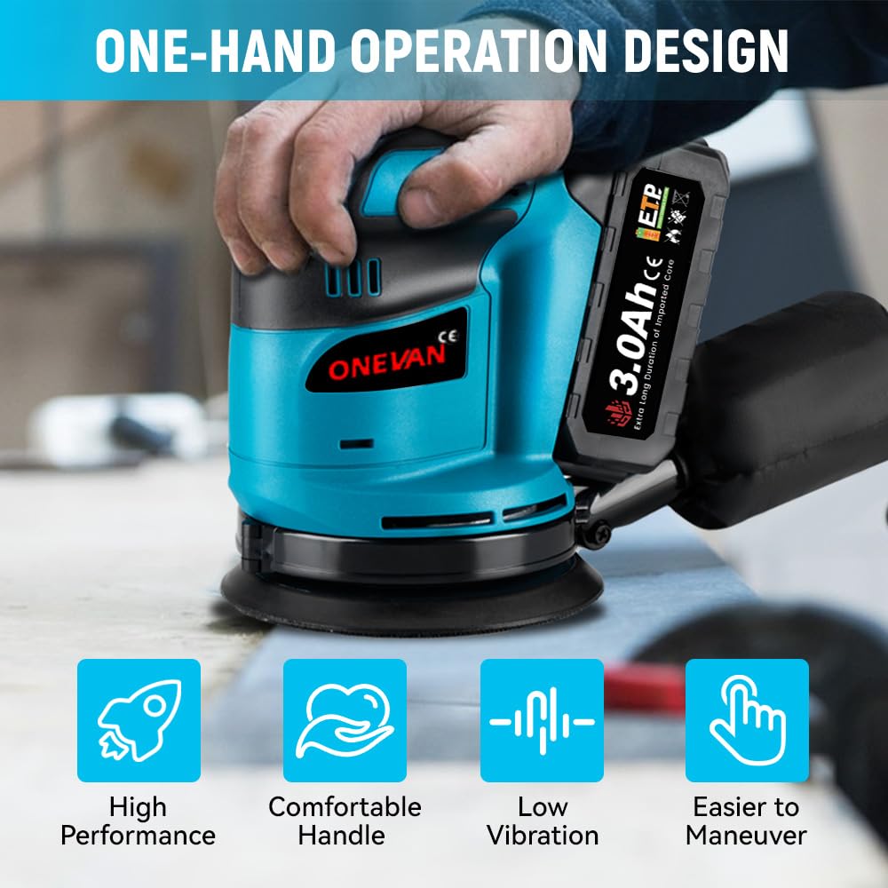 ONEVAN Lijadora Excéntrica Inalámbrica 125mm, con 5 Lijas & 2 Baterías | 3-Vel. 8000~12000Rpm, Lijado Rápido, Bolsa Aspiración, Manejo Cómodo con Una Mano, Para Lijar Madera, Metal y Barnizado