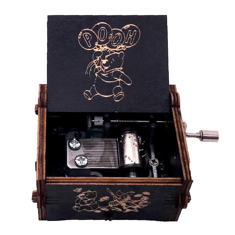 Youtang Black Mini Music Box Hand Crank Musical Box Carved Wood Musical Gifts (Winnie The Pooh)