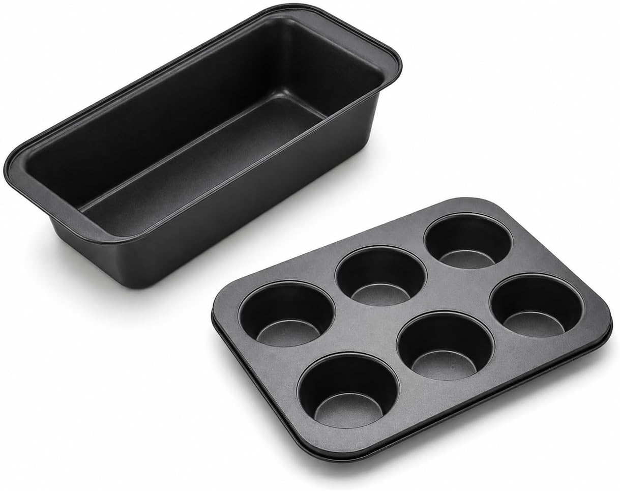 Xacton Baking Pan Set of 2 - Loaf Cake Bread Tin & 6 Cup Muffin Cupcake Tray | Non-Stick Bakeware Moulds for Home Baking, Cakes, Bread, Muffins, Cupcakes & Desserts | Microwave Oven OTG Safe โ Black