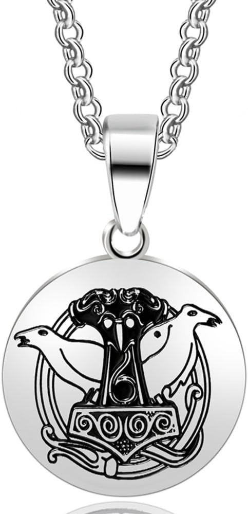 HANDMADE JEWELLERY - Stainless Steel Thor's Hammer Mjolnir Pendant Necklace Viking Scandinavian Norse Raven Crow Necklace