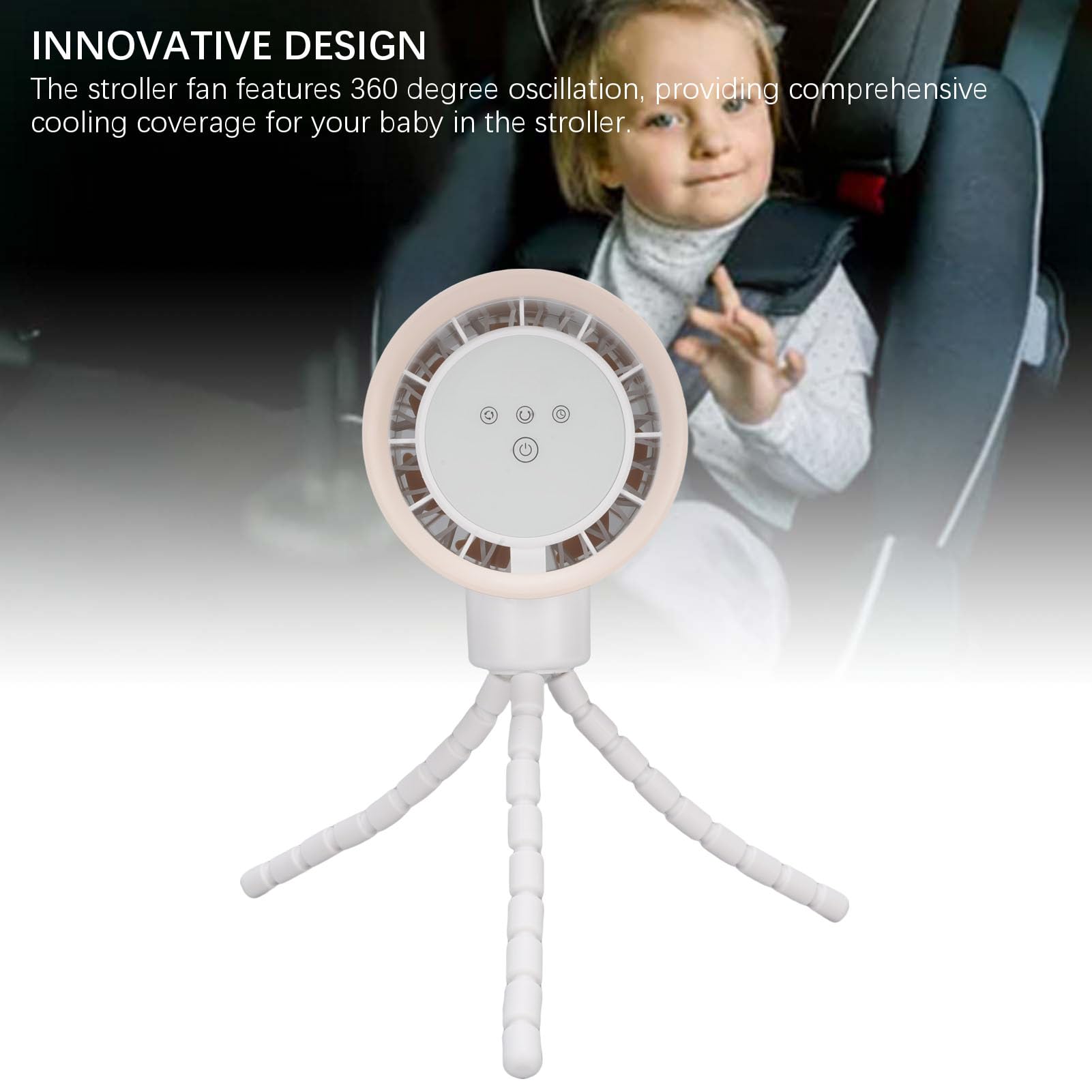 Ventilatore per Passeggino, Oscillazione a 360 Gradi con Display Digitale e per Treppiede, Alimentato a Batteria da 4000 MAh con Ricarica USB per Passeggino. (WHITE)