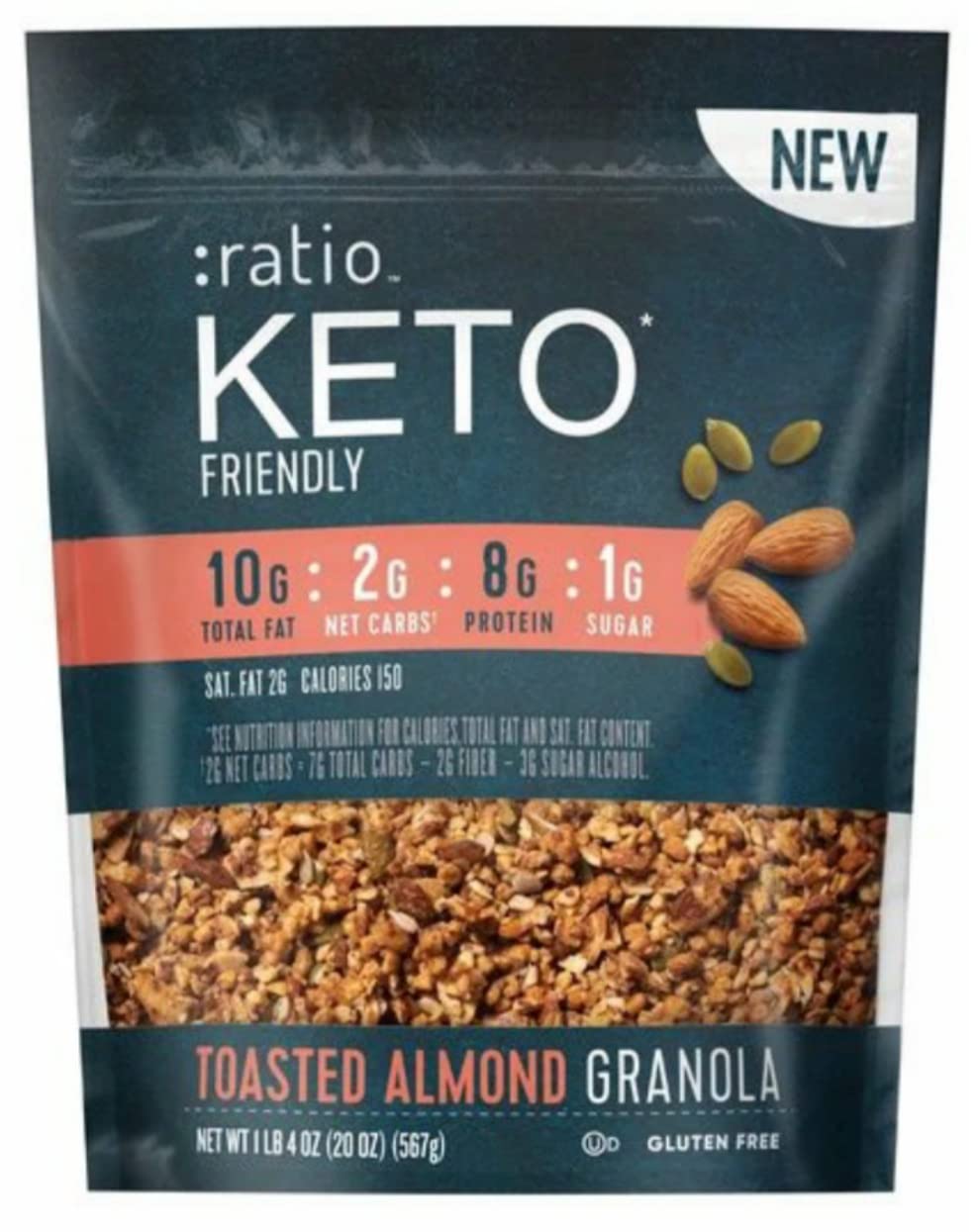 Ratio Keto Friendly Toasted Almond Granola - Pack of 2 Bags - 20 oz Per Bag - 40 oz Total - Gluten Free, 1g Sugar, and 8g Protein