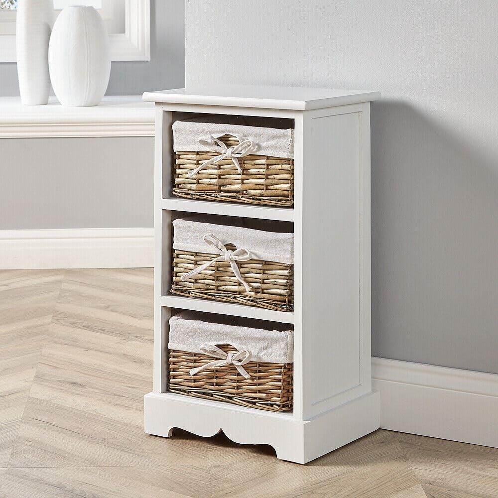 Home Source Wooden 3 Drawer Storage Chest Willow Wicker Baskets Bedside Fully Assembled White
