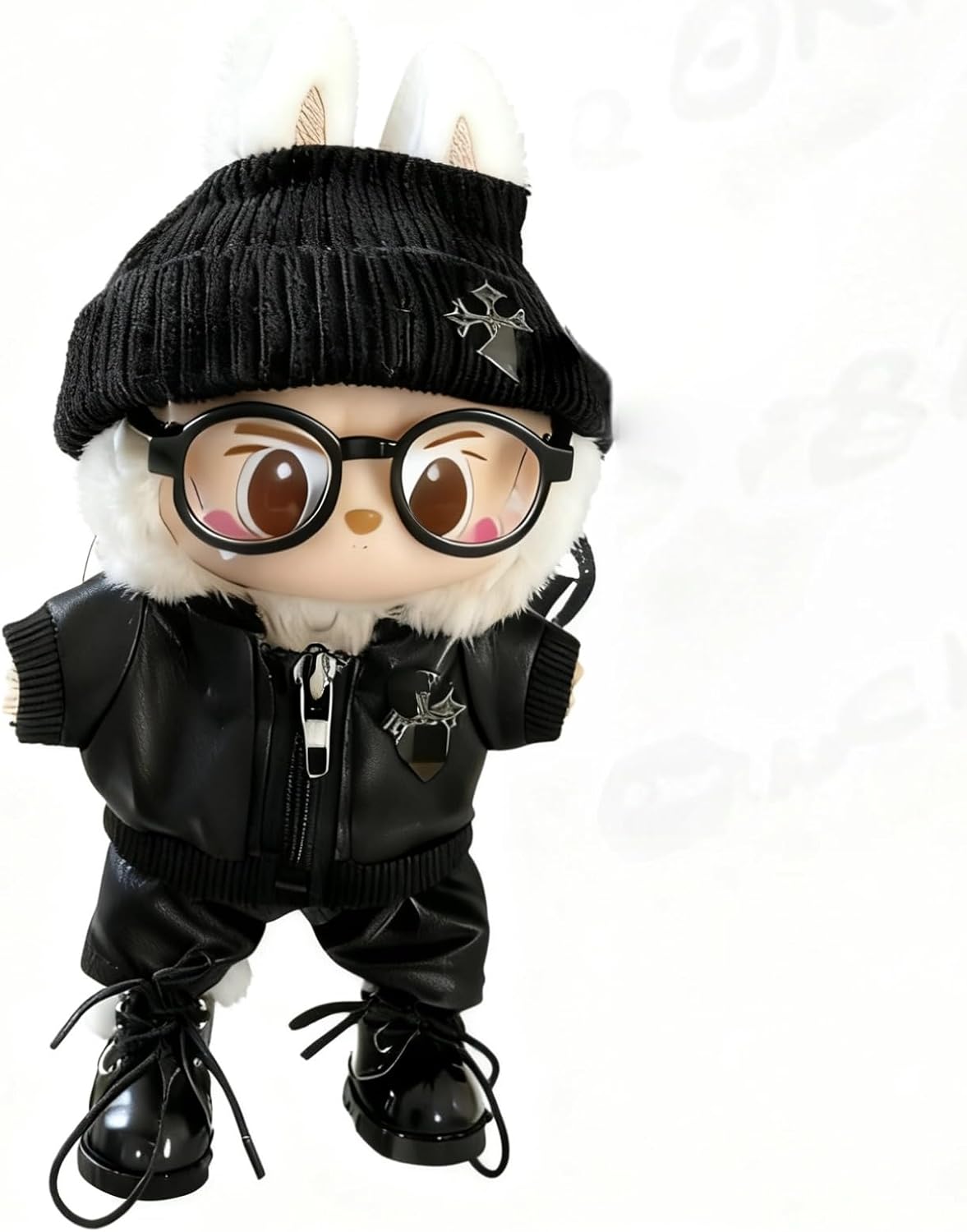 Compatible with Labubu ：5-Piece Black Doll Outfit Set – Faux Leather Jacket, Pants, Shoes, Knit Beanie & Sunglasses for 17cm Fashion Dolls