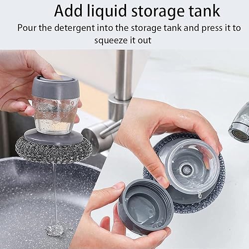 Miniatura 6 de Cepillo dispensador de jabón de acero de palma para limpieza de fregadero, vajilla y fregadero, con bolas de repuesto, un juego y bandeja de