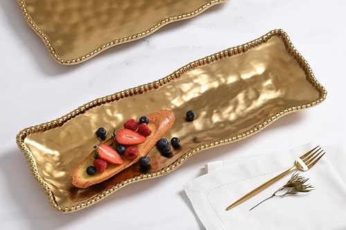 Miniatura 5 de Pampa Bay Pieza rectangular de porcelana chapada en titanio, 19 x 6.5 pulgadas, tono dorado mate, horno, congelador, apto para lavavajillas