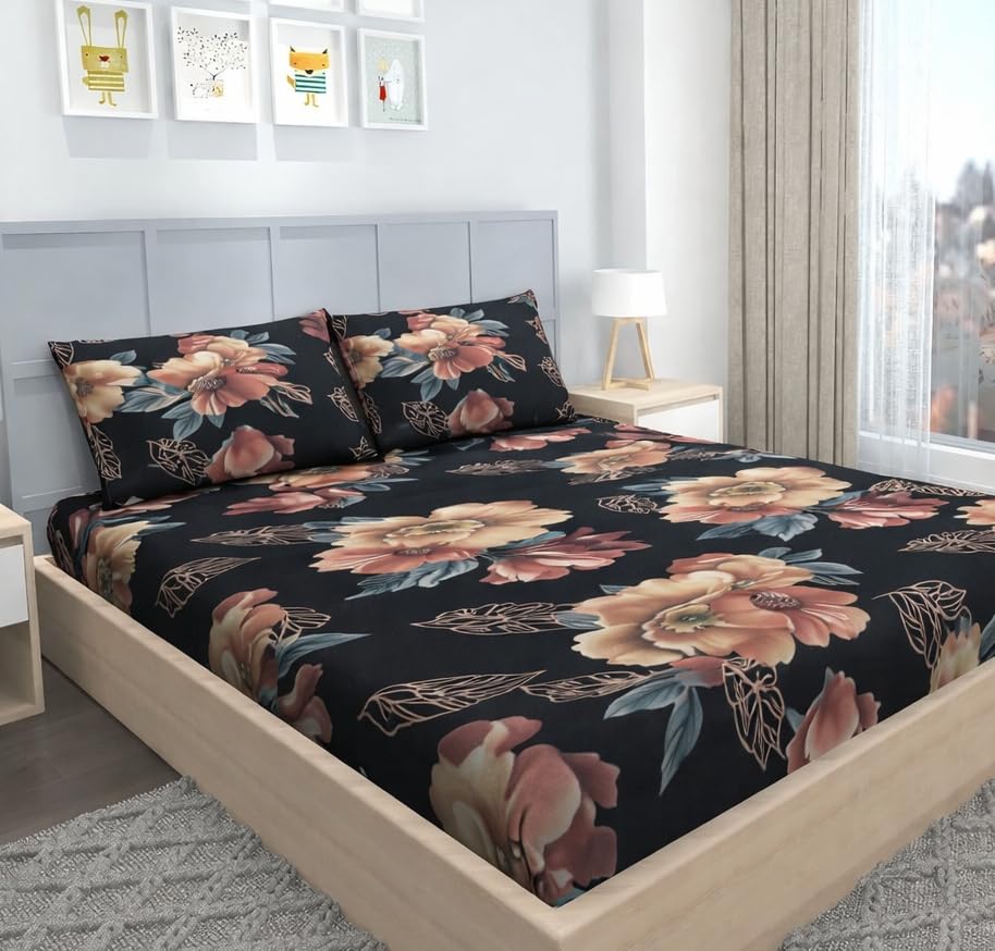 Image of BEVI Home Super Fabric 300 TC Microfiber Double King Size Bedsheet with 2 Pillow Covers - Printed Bedsheet Size (90x95) Black Golden Flower