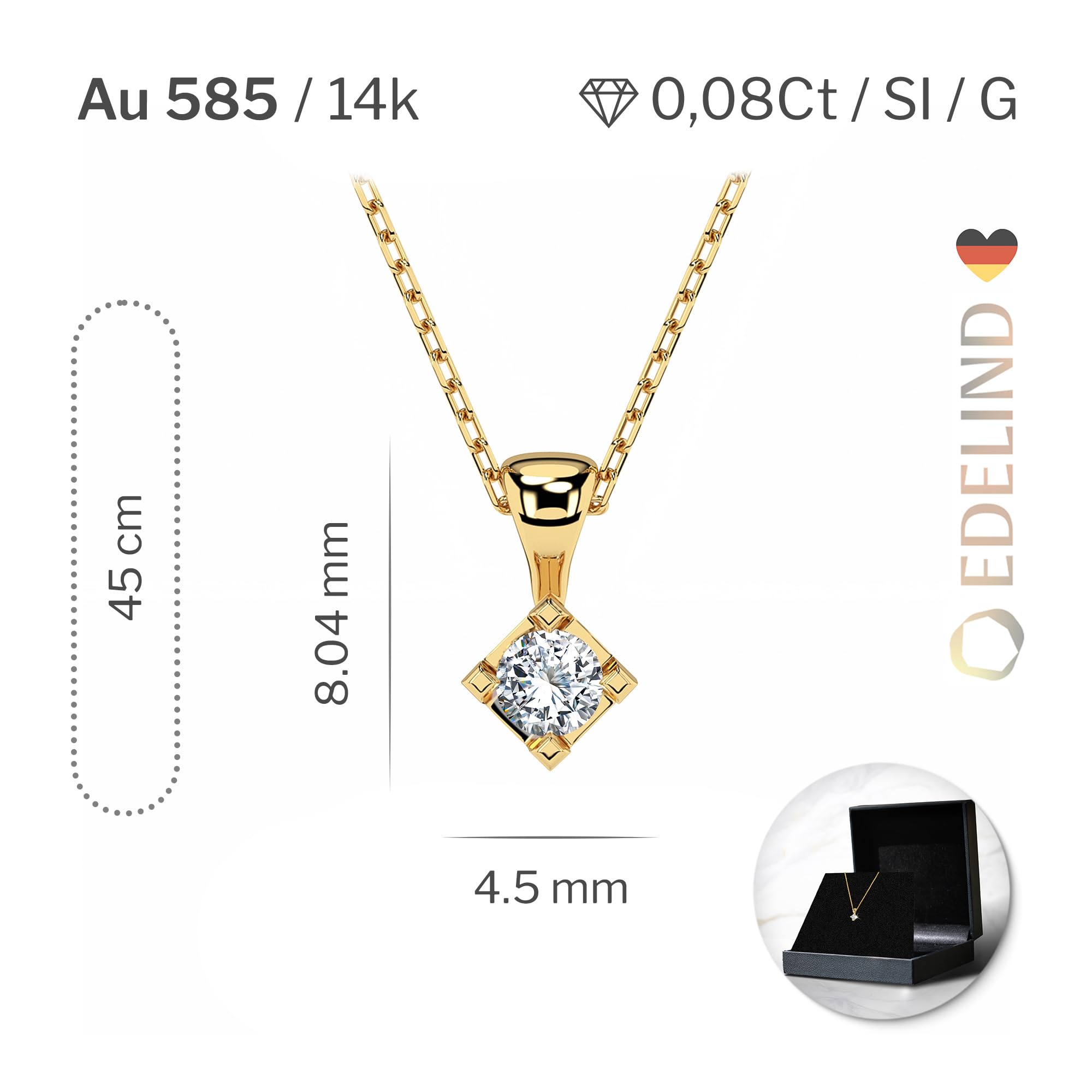 EDELIND Collana Punto Luce Donna con Diamante 0.08 ct in Oro 14k - Catenina con Ciondolo Solitario - Lunghezza Regolabile - Gioiello Idea Regalo