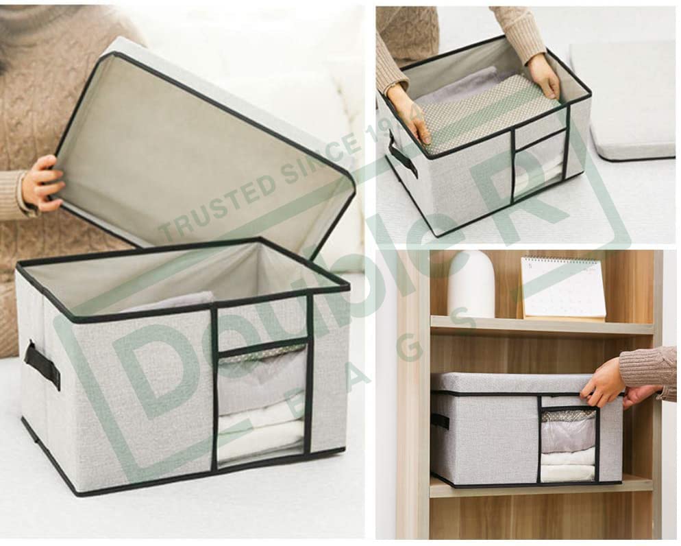 Image of Double R Bagd Fabric Storage Bins with Lid, 2 Handles and Clear Window, 16x12x10 inches (LxWxH) Washable Foldable Storage Basket Cube Box (Pack of 1, Grey)