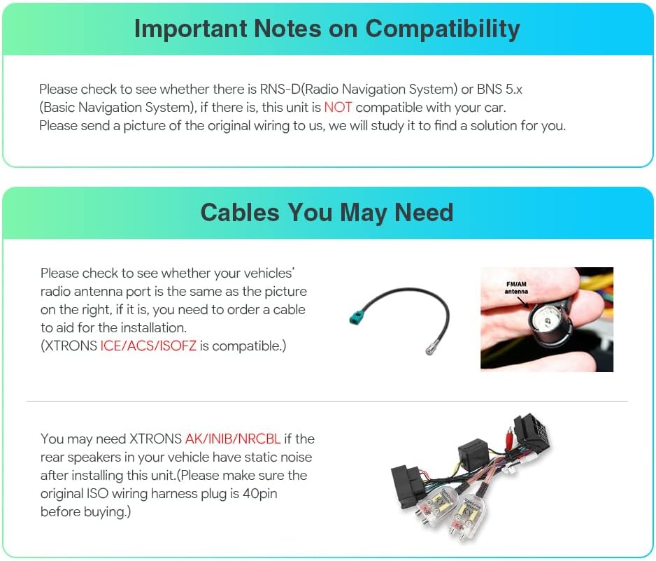 Image showing compatibility notes and an example of a radio antenna port and a wiring harness.