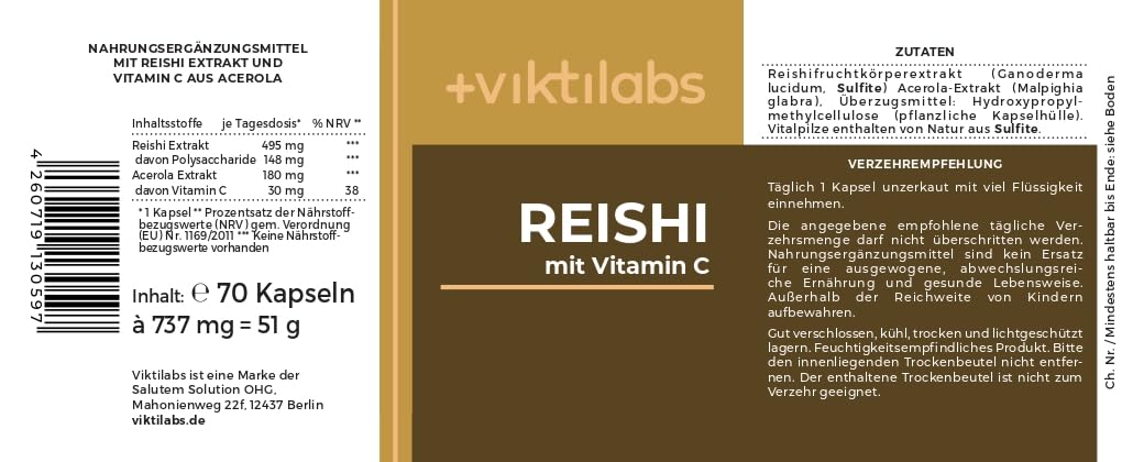 Viktilabs© - Premium Reishi Kapseln mit Vitamin C – Hochdosiert mit 495 mg Reishi Extrakt je Kapsel | 70-Tage-Vorrat | Laborgeprüft | Entwickelt in Deutschland | Vitalpilz Extrakt ohne Zusätze