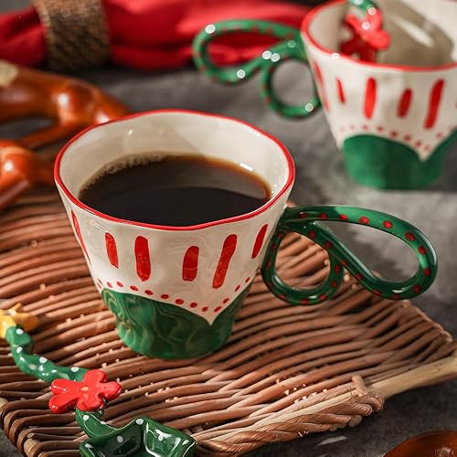 Miniatura 8 de Regalos de Navidad para niños, taza de café de cerámica de 12 onzas con asa, taza de té alta con cucharas, lindas tazas de porcelana para niños,