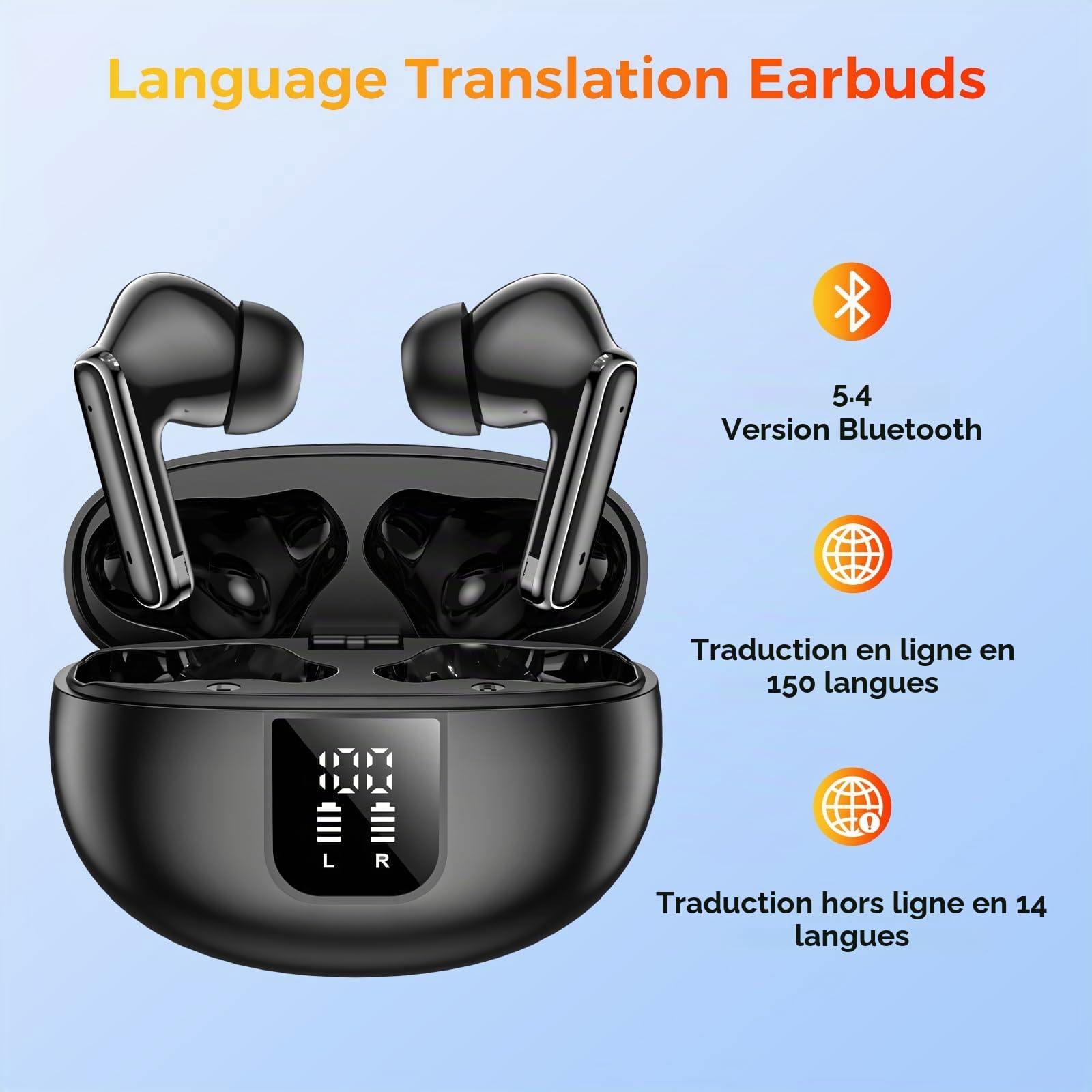 Ecouteur Traducteur Instantané 3-en-1, Traducteur Vocal 150 Langues Temps réel ANC Bluetooth 5.4, Basses améliorée, Ajustement sûr Course à Pied