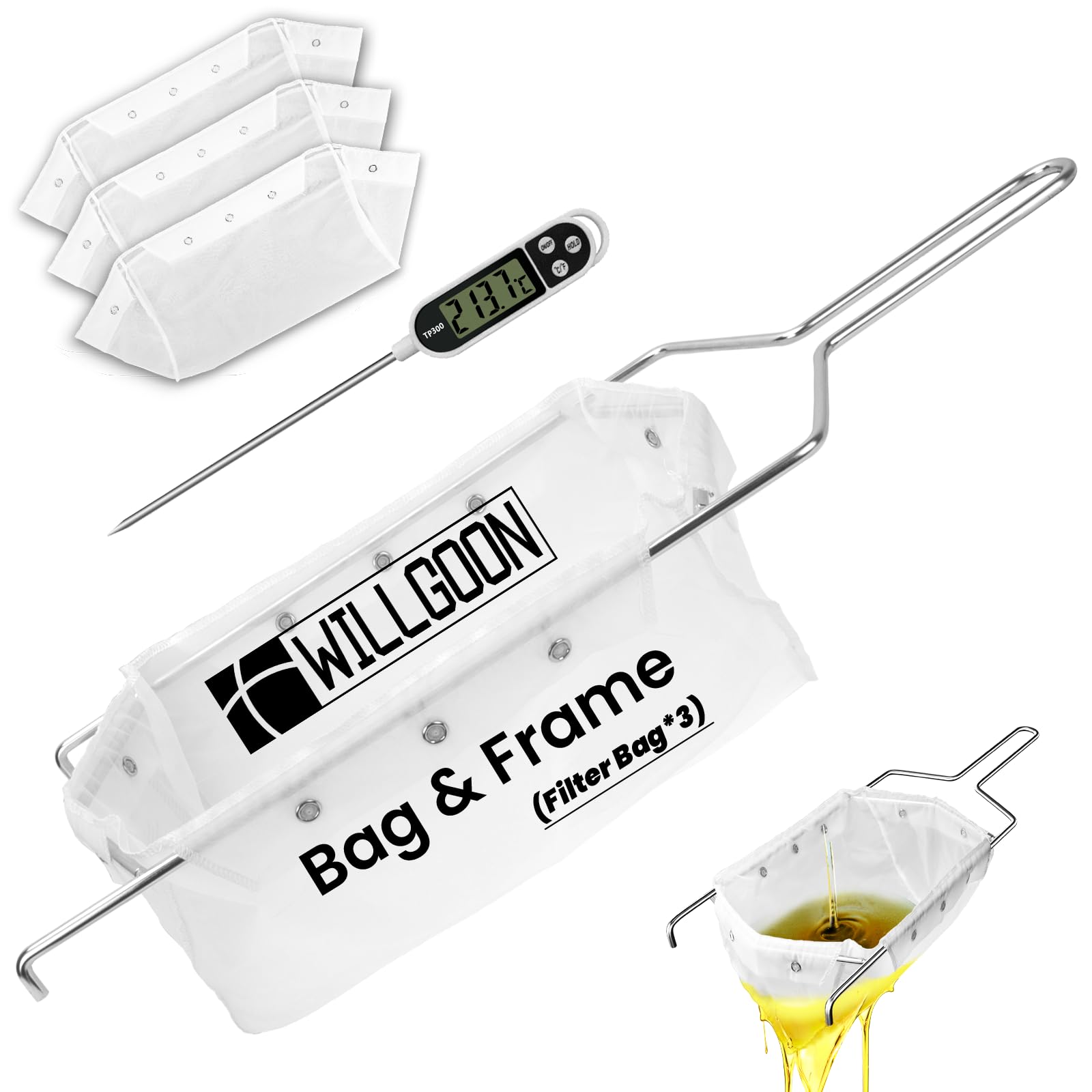 3 Pcs Deep Fryer Filter Bag &amp; Frame Set, Reusable Oil Strainer Compatible with 40L/60L Deep Fryers, Fine Mesh to Capture Crumbs, Durable for Home &amp; Commercial Use, with 1 Professional Food Thermometer