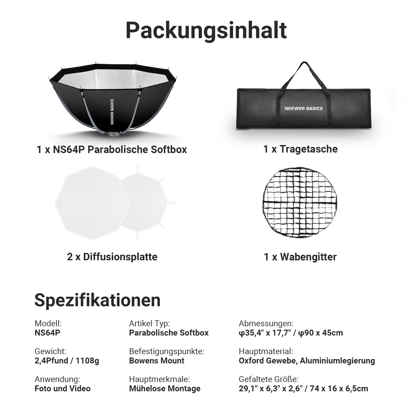 NEEWER Basics Parabolische Softboxen, 90cm Bowens Mount Softbox, Lichtdiffusoren/Gitter/Tasche, kompatibel mit Aputure 150c Godox SL60w NEEWER FS300C FS230C FS150B HB80C CB200C Q6 Q300, NS64P
