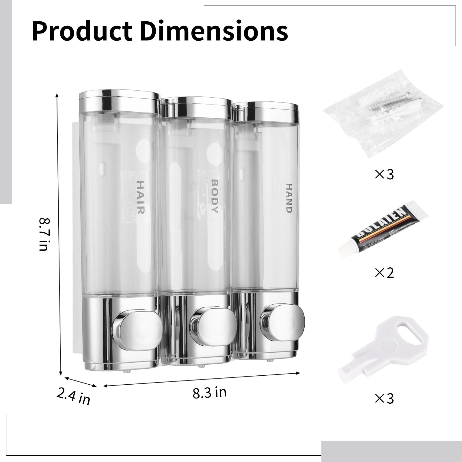 3-Kammer-Spender zur Wandmontage, ohne Bohren, ABS, transparent, 3 x 298.7 ml Fassungsvermögen, für Badezimmer, Dusche, Seife, Shampoo, Conditioner