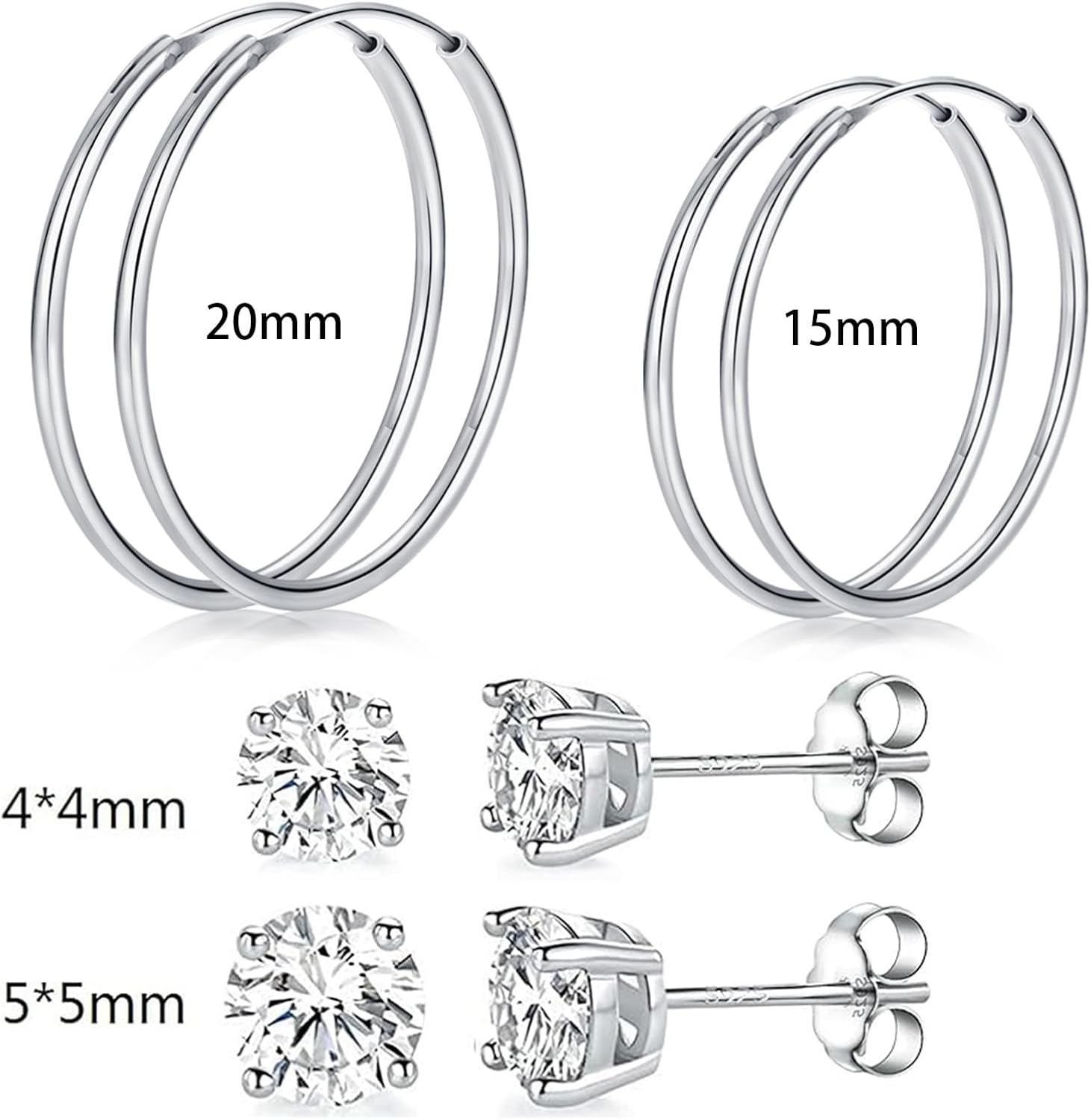 MDFUN 925 Sterling Silver Hoops Huggie Stud Earrings Set 15/20mm Thin Hoops 4/5mm Cubic Zirconia Earrings for Women Pack of 4 Pairs