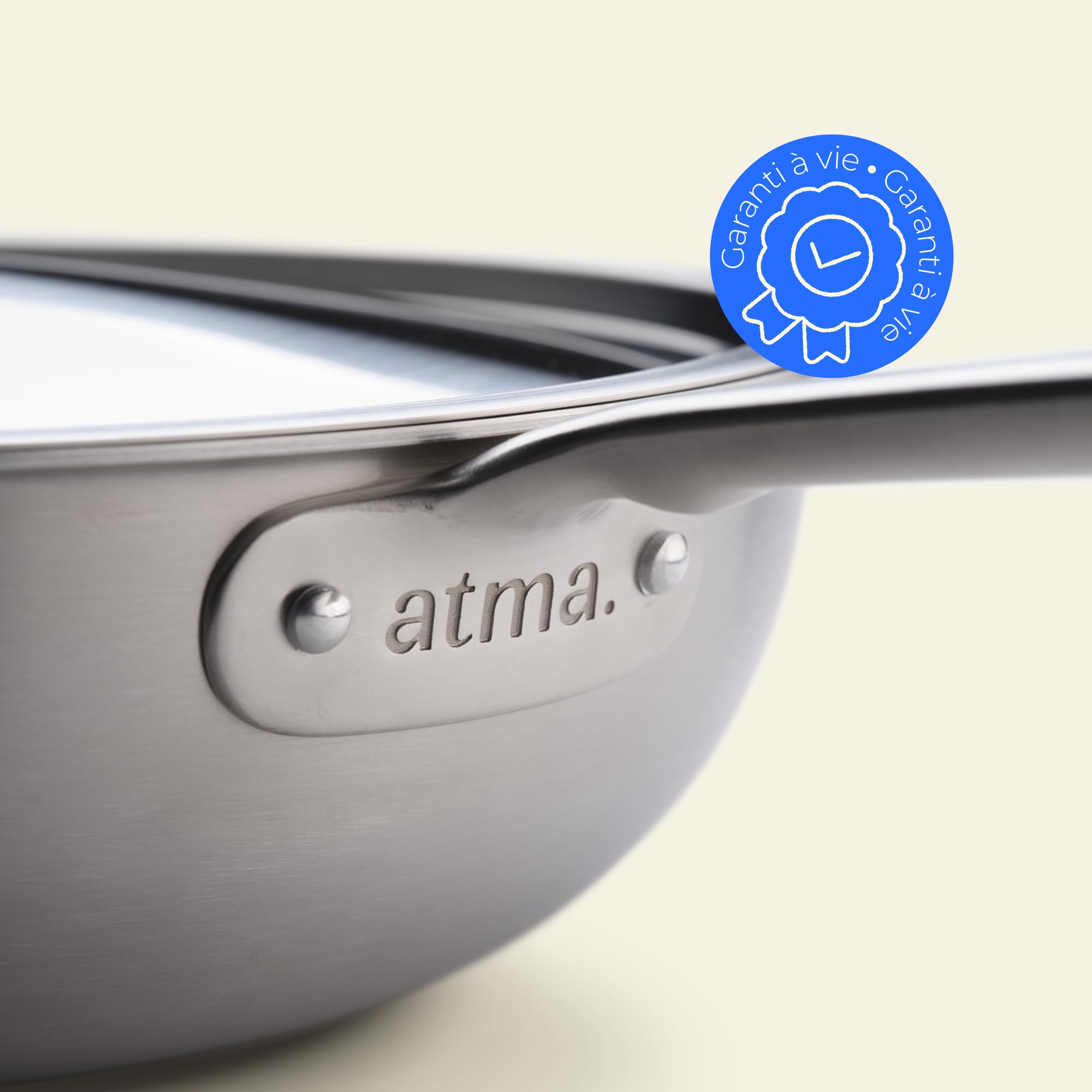 Atma - Wok en Inox 3 Plis – Ø24 cm – Compatible Tous Feux, Cuissons Express et Polyvalentes – Sans PFAS, Ni Revêtement Chimique – Grande Contenance, Manche Riveté – Fabriqué en France
