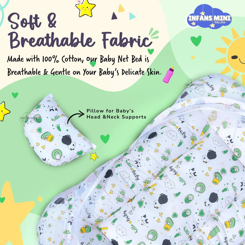 Image of Baby Bed with Mosquito and Insect Protection Net, Portable Mattress with Zip Closure & Pillow Ideal for Babies from 0-6 Months-Unisex (Panda Green)