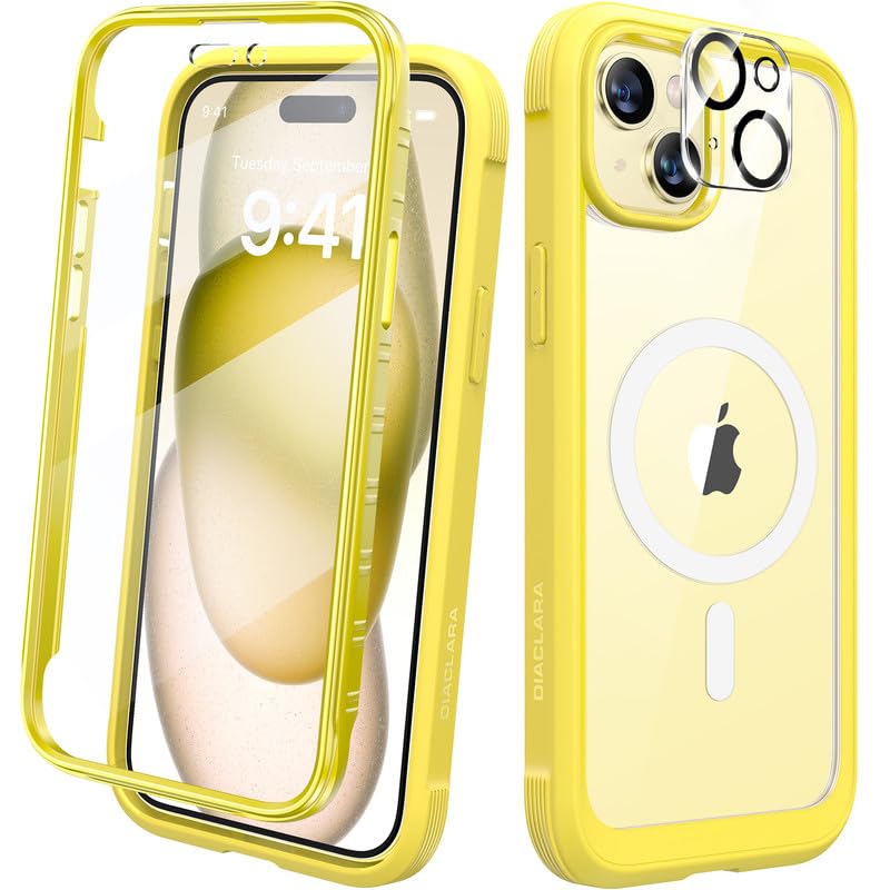 DiaclaraDesigned for iPhone 15 Plus Case 6.7'', [Compatible with MagSafe] Full Body Rugged Magnetic Case w/Built-in Screen Protector+Glass Camera Lens Protector,Yellow-Magnetic 1