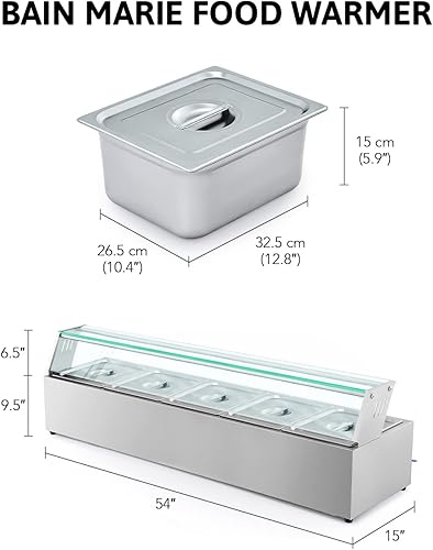 Miniatura 6 de WILPREP Calentador de alimentos comercial de 5 bandejas, mesa de vapor de 50 cuartos de galón, bandeja de calentamiento eléctrico de 1200 W,