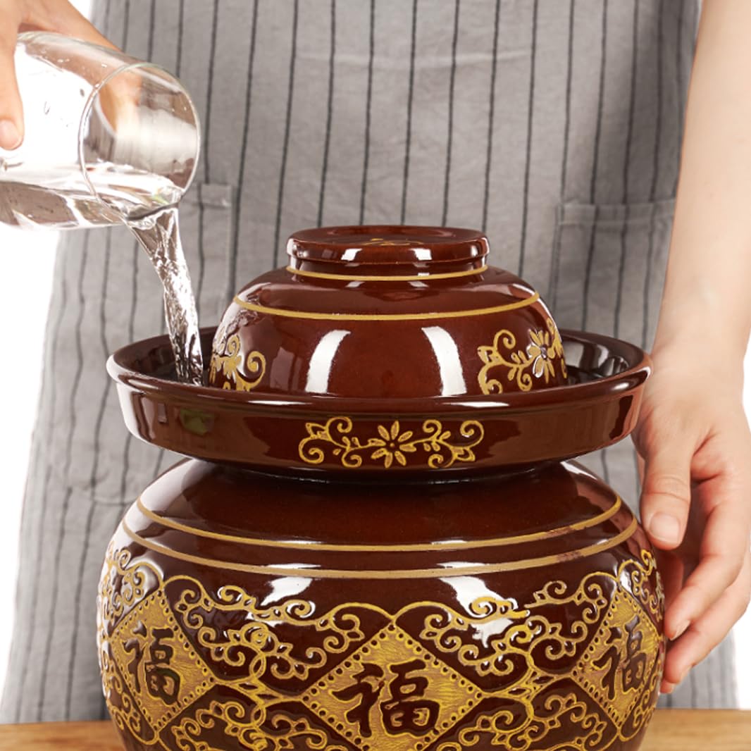 Ceramiczny słoik na ogórki z pokrywkami, duży tradycyjny chiński porcelanowy słoik na ogórki, ceramiczny garnek do fermentacji z uszczelką wodną (8 l)(8L)