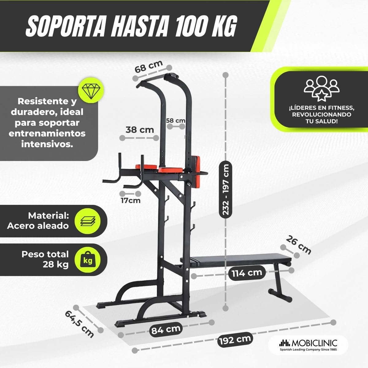 Mobiclinic® Fitness, Estación de musculación, 9 en 1, Plegable, Domifit, Ajustable 7 Alturas, Barra dominadas, Banco reclinable, Soporte para Barras, Multifunción, Antideslizante, Acolchada