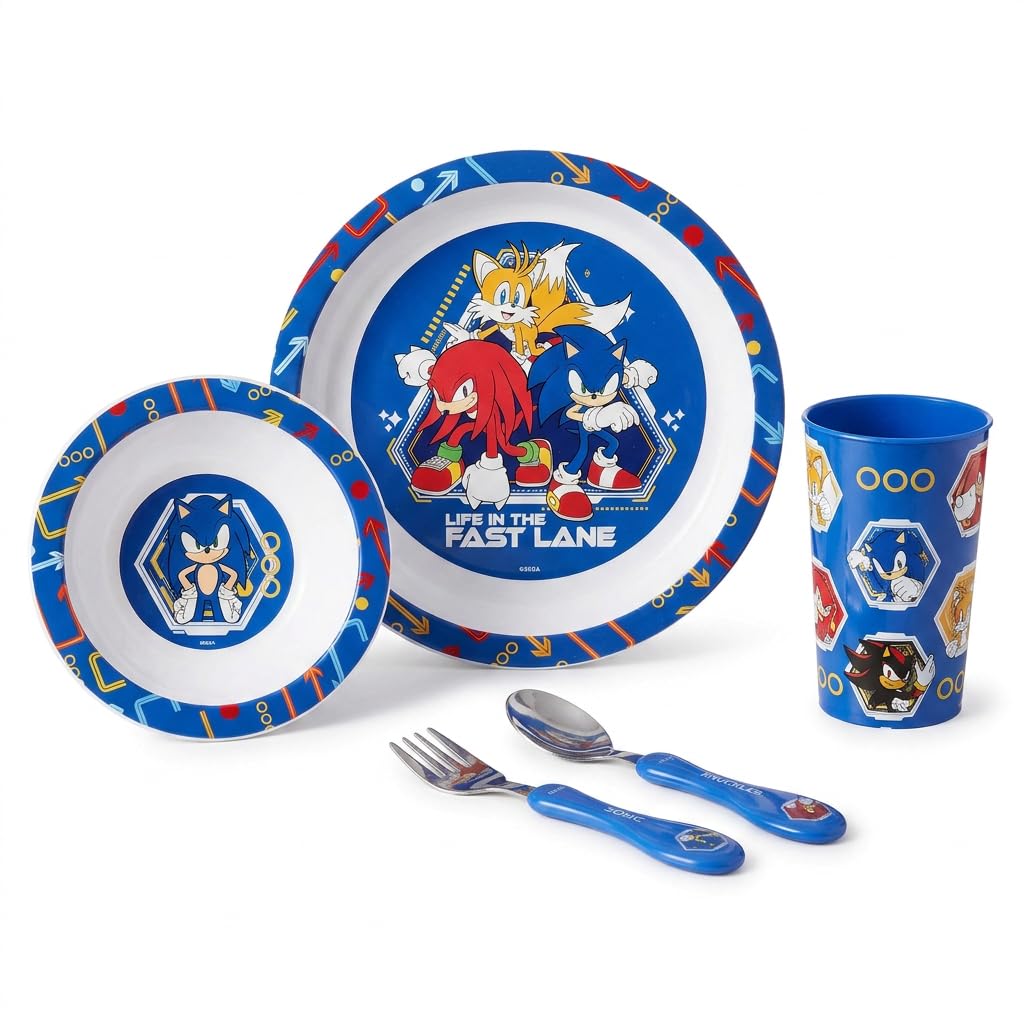 Sonic The Hedgehog Kids 5 Piece Dinnerware Set - Plate, Bowl, Cup, Fork + Spoon. Safe Durable Plastic Home or Picnic Set - Official, Blue