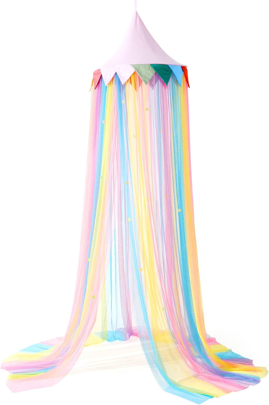 LOAOL Bed Canopy for Kids, Round Dome Fairy Dream Rainbow Canopy with Star Decor, Kids Reading Nook Tent, Hanging Nursery Canopies for Cribs & Toddler Bedrooms