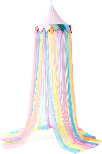 Toldo de cama de princesa arcoíris para niñas, casa de juegos de ensueño de hadas con red colgante de color arcoíris, cúpula redonda rosa para