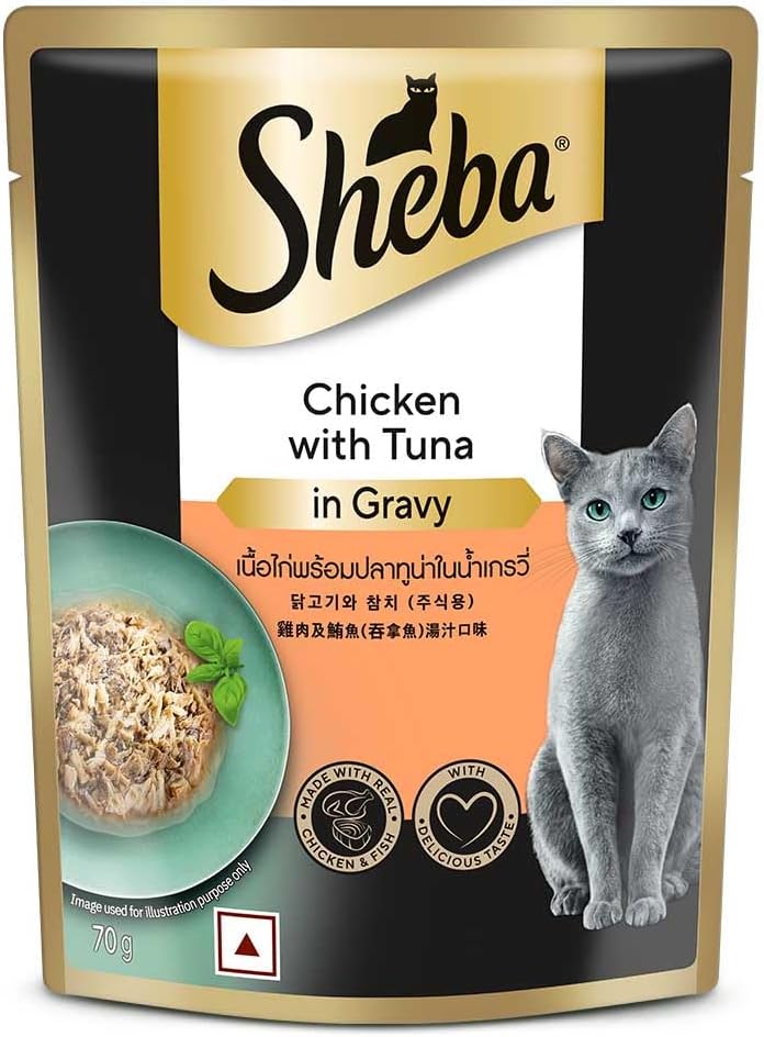 Sheba Fine Premium Adult (1+ Years) Wet Cat Food, Chicken with Tuna in Gravy, 70 g Pouch, High-moisture gravy cat food for healthy hydration