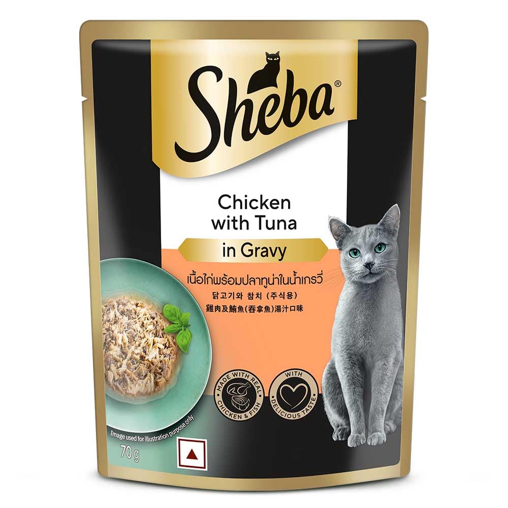 Fine Premium Adult (1+ Years) Wet Cat Food, Chicken with Tuna in Gravy, 70 g Pouch, High-moisture gravy cat food for healthy hydration