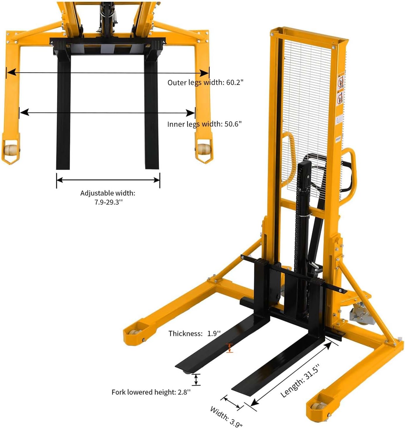 APOLLOLIFT Manual Pallet Stacker with Straddle Legs 1100lbs Capacity 63" Lift Height Adjustable Forks