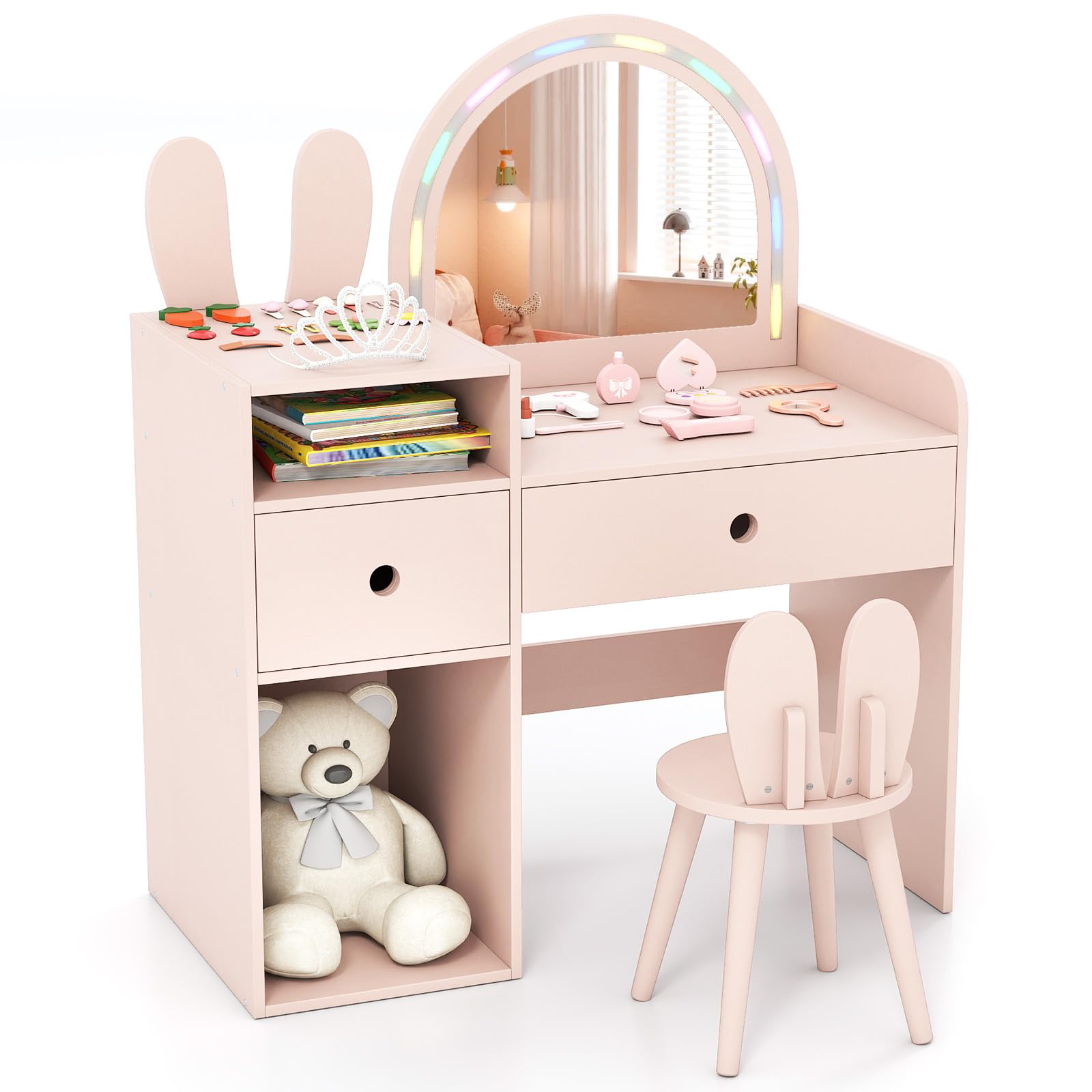 COSTWAY Coiffeuse Enfant Fille avec Chaise et Miroir Lumineux, Bureau Enfant en Forme de Lapin avec Étagères Ouvertes et Tiroirs de Rangement, pour Chambre d'enfant, Salle de Jeux, 3+ Ans (Rose)