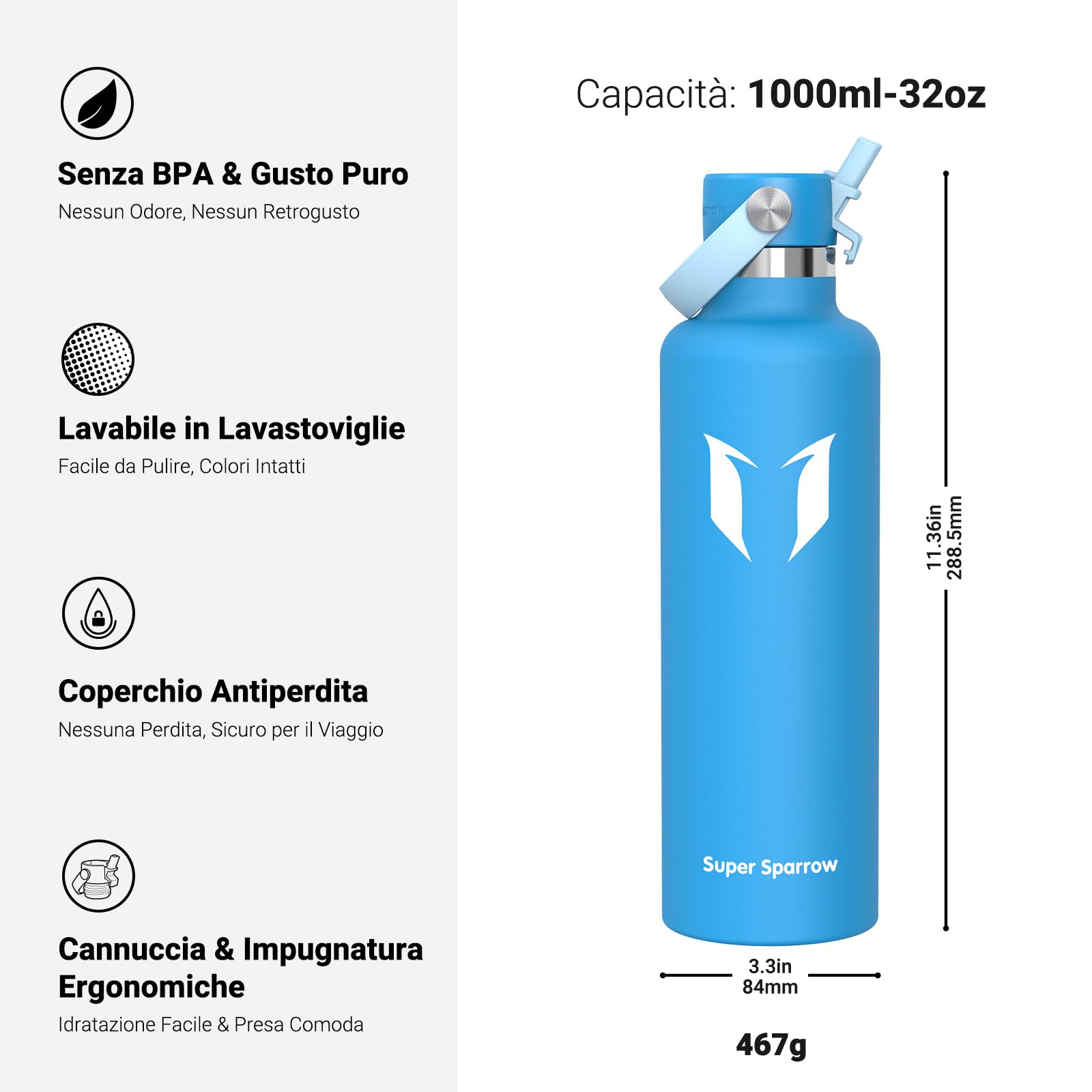 Super Sparrow Borraccia Termica, Acciaio Inox Bottiglia Termica - 350ml, 500ml, 750ml, 1L - Senza BPA Borracce, Borraccia Bambini per Scuola, Sport, Campeggio, Yoga, Palestra, Ciclismo