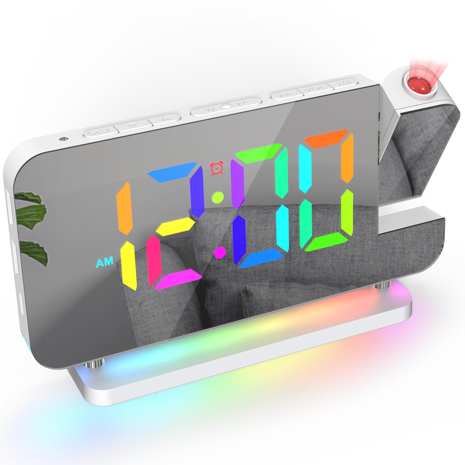ThreeH Réveil Projecteur LED RGB Coloré avec Surface Miroir Affichage Auto Dimming Volume Réglable Double Port de Charge USB Veilleuse Blanc