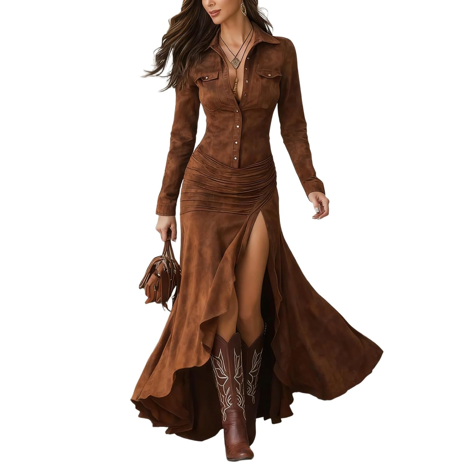 Robe longue de cowgirl boutonnée sur le devant pour femme, manches longues, jupe plissée sur le devant avec ourlet asymétrique à volants asymétriques, ourlet haut et bas, en faux daim, longueur au sol