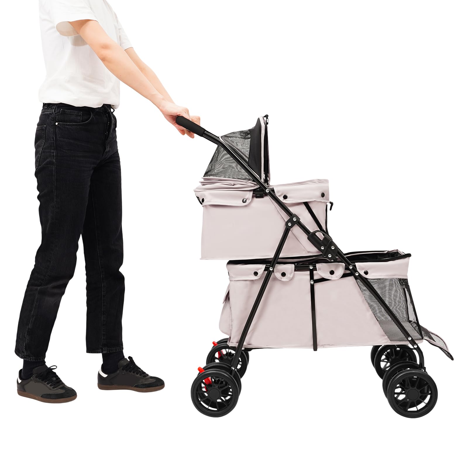 Składany wózek dla zwierząt domowych, 2 poziomy, nośność 15-20 kg, z pasem bezpieczeństwa i torbą do przechowywania, wózek dla psów/kotów (szary)